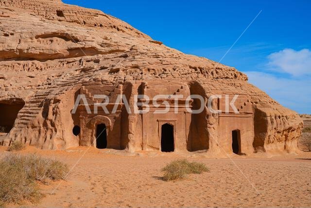 Ancient Nabataean rock-cut tombs at Jabal AlBanat necropolis in Hegra, AlUla, Saudi Arabia Ancient Nabataean rock-cut tombs at Jabal AlBanat necropolis in Hegra, AlUla, Saudi Arabia