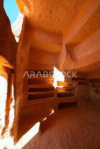 الجزء الداخلي من غرفة الدفن النبطية القديمة مع المواقع في جبل البنات في الحجر، العلا، المملكة العربية السعودية