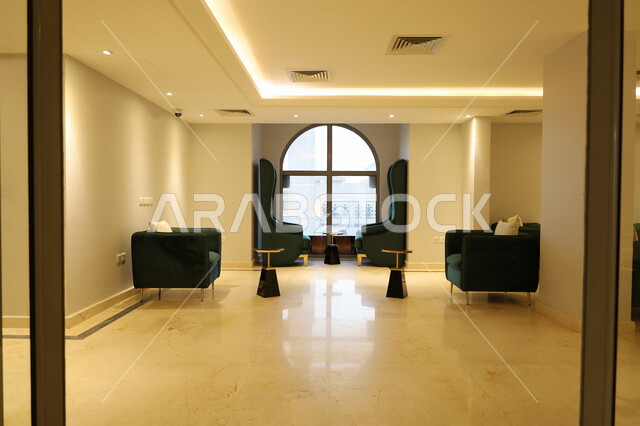 A picture of a hotel apartment with modern and attractive designs, wonderful decorations, luxurious and beautiful designs, tourist apartments, hotels, luxury hotels