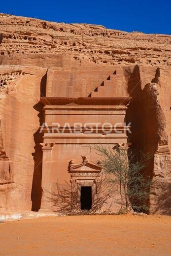 Ancient Nabataean rock-cut tombs at Jabal AlBanat necropolis in Hegra, AlUla, Saudi Arabia Ancient Nabataean rock-cut tombs at Jabal AlBanat necropolis in Hegra, AlUla, Saudi Arabia