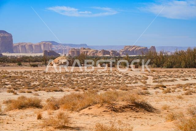 Vast desert landscape and sandstone formations in AlUla, Saudi Arabia