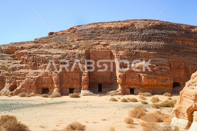 Panoramic view of the Jabal Al-Khuraymat tombs at the UNESCO site of Hegra, AlUla, Saudi Arabia Panoramic view of the Jabal Al-Khuraymat tombs at the UNESCO site of Hegra, AlUla, Saudi Arabia