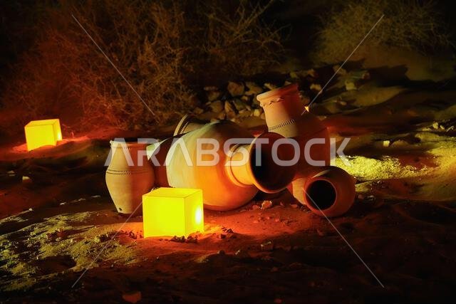 Hegra After Dark experience at the Jabal Al-Khuraymat site of Hegra - Nabataean tombs illuminated by lanterns in AlUla, Saudi Arabia
