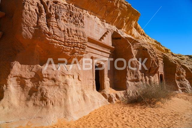 Ancient Nabataean rock-cut tombs at Jabal AlBanat necropolis in Hegra, AlUla, Saudi Arabia Ancient Nabataean rock-cut tombs at Jabal AlBanat necropolis in Hegra, AlUla, Saudi Arabia