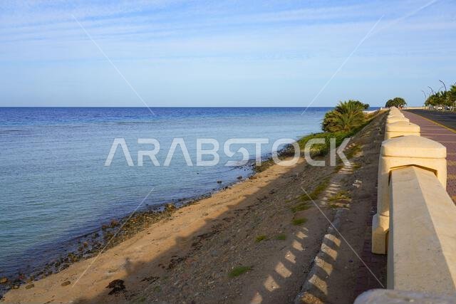Peaceful waterfront promenade overlooking the Red Sea in Umluj, Saudi Arabia