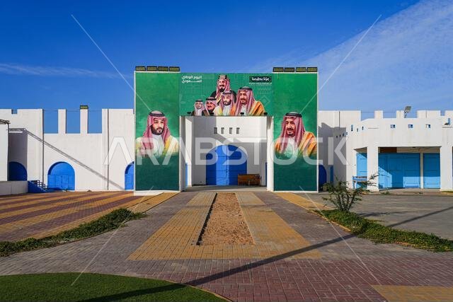 Portraits of Saudi leaders at the entrance of the restored Amerah Souq in Umluj, Saudi Arabia Portraits of Saudi leaders at the entrance of the restored Amerah Souq in Umluj, Saudi Arabia