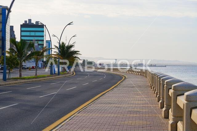 Peaceful waterfront promenade overlooking the Red Sea in Umluj, Saudi Arabia