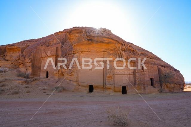 The majestic Jabal AlAhmar monolithic tombs in Hegra, AlUla, Saudi Arabia