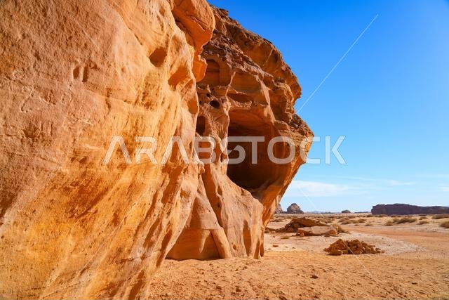 The majestic Jabal AlAhmar monolithic tombs in Hegra, AlUla, Saudi Arabia The majestic Jabal AlAhmar monolithic tombs in Hegra, AlUla, Saudi Arabia