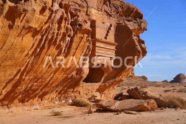 Unfinished Nabataean tomb facade at Jabal AlAhmar in Hegra, AlUla, Saudi Arabia