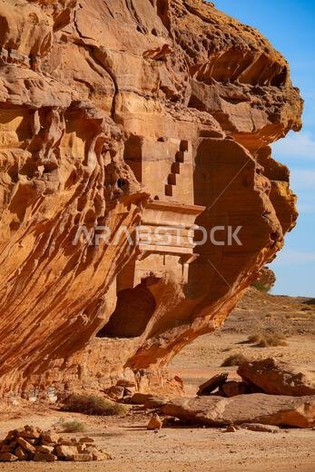 Unfinished Nabataean tomb facade at Jabal AlAhmar in Hegra, AlUla, Saudi Arabia
