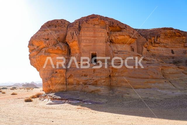 The majestic Jabal AlAhmar monolithic tombs in Hegra, AlUla, Saudi Arabia The majestic Jabal AlAhmar monolithic tombs in Hegra, AlUla, Saudi Arabia