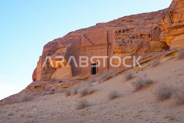The majestic Jabal AlAhmar monolithic tombs in Hegra, AlUla, Saudi Arabia The majestic Jabal AlAhmar monolithic tombs in Hegra, AlUla, Saudi Arabia