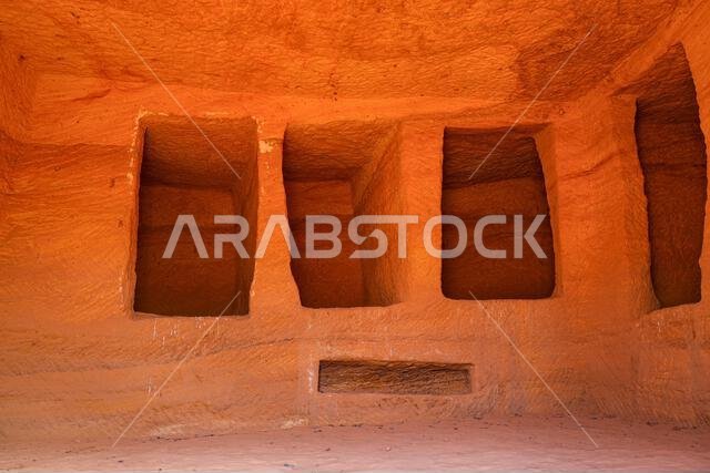 Deep burial niches inside a Nabataean funerary chamber at Jabal AlAhmar in Hegra, AlUla, Saudi Arabia