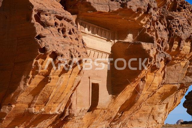 Unfinished Nabataean tomb facade at Jabal AlAhmar in Hegra, AlUla, Saudi Arabia