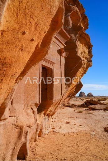 Unfinished Nabataean tomb facade at Jabal AlAhmar in Hegra, AlUla, Saudi Arabia