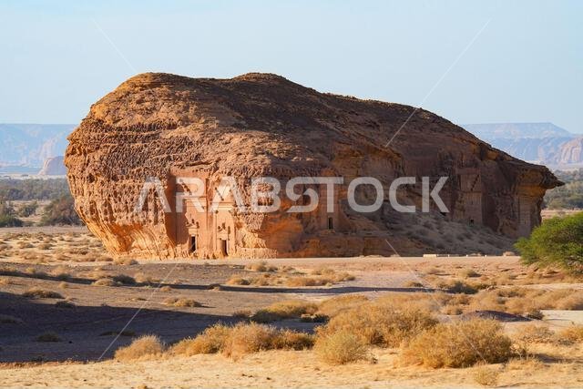 Ancient Nabataean necropolis of Jabal AlAhmar at the UNESCO site of Al-Hijr in Hegra, AlUla, Saudi Arabia