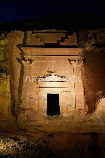 Hegra After Dark experience at the Jabal Al-Khuraymat site of Hegra - Nabataean tombs illuminated by lanterns in AlUla, Saudi Arabia Hegra After Dark experience at the Jabal Al-Khuraymat site of Hegra - Nabataean tombs illuminated by lanterns in AlUla, Saudi Arabia