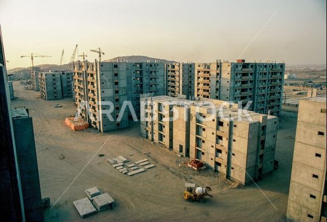 Construction site for Arabian Homes - a gated community in Jeddah for ex-patriots working in Saudi Arabia, 1981.