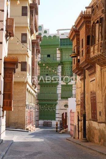 Traditional green wooden Roshan balconies in the historic Al Balad district, the Old Town of Jeddah in Saudi Arabia