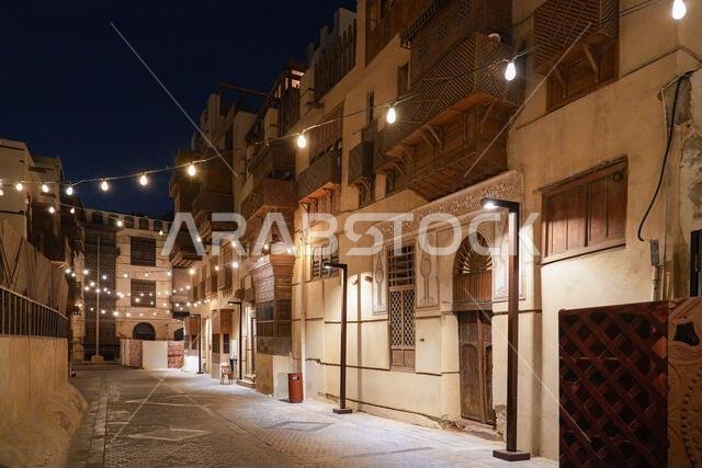 Atmospheric night view of traditional Roshan balconies in Al Balad, the Old Town of Jeddah in Saudi Arabia Atmospheric night view of traditional Roshan balconies in Al Balad, the Old Town of Jeddah in Saudi Arabia