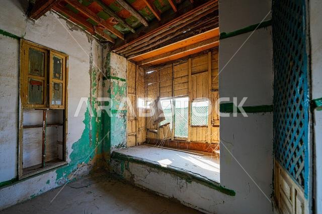 Dilapidated interior of a historic merchant house in Al-Balad, the Old Town of Jeddah, Saudi Arabia