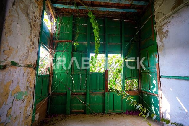 Dilapidated interior of a historic merchant house in Al-Balad, the Old Town of Jeddah, Saudi Arabia