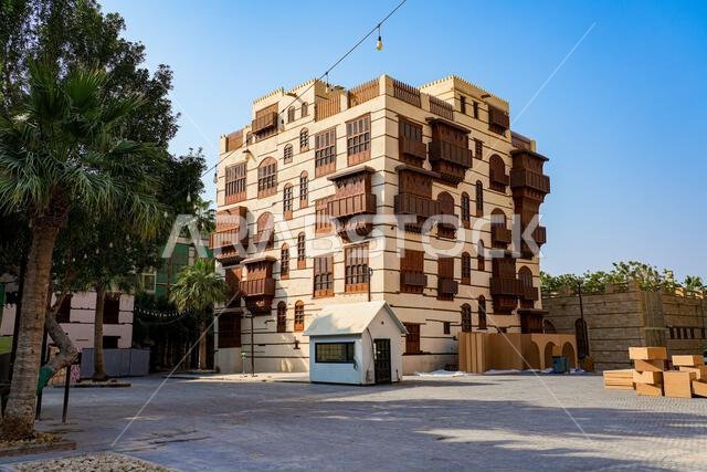 Traditional Hejazi building characterized by mashrabiya screens and wooden balconies in Al-Balad, the Old Town of Jeddah, Saudi Arabia