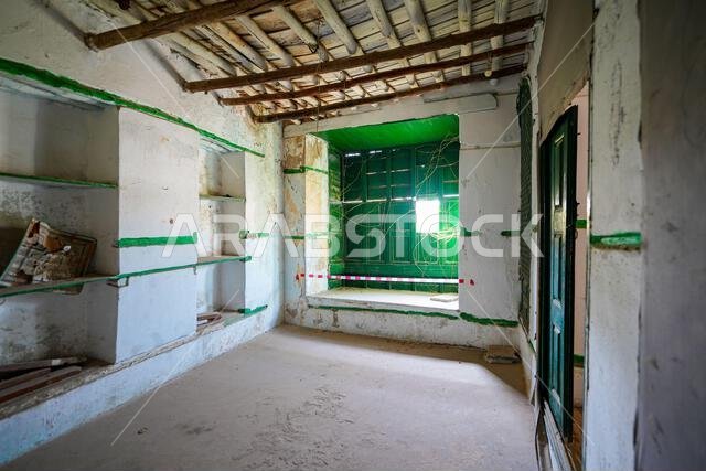 Dilapidated interior of a historic merchant house in Al-Balad, the Old Town of Jeddah, Saudi Arabia