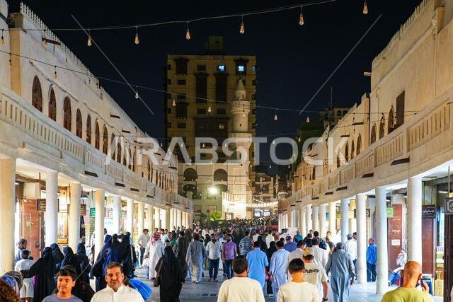 Bustling night life and street market in historic Al-Balad, the Old Town of Jeddah, Saudi Arabia