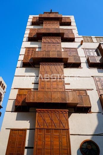 Traditional wooden Roshan balconies in the historic Al-Balad district, the Old Town of Jeddah, Saudi Arabia