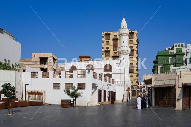 The historic Al Ma'amar Mosque with traditional Hijazi architecture in Al-Balad, the Old Town of Jeddah, Saudi Arabia