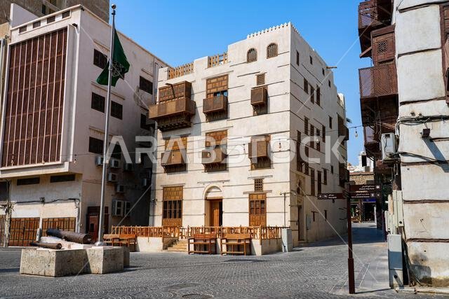 Traditional Hejazi building characterized by mashrabiya screens and wooden balconies in Al-Balad, the Old Town of Jeddah, Saudi Arabia