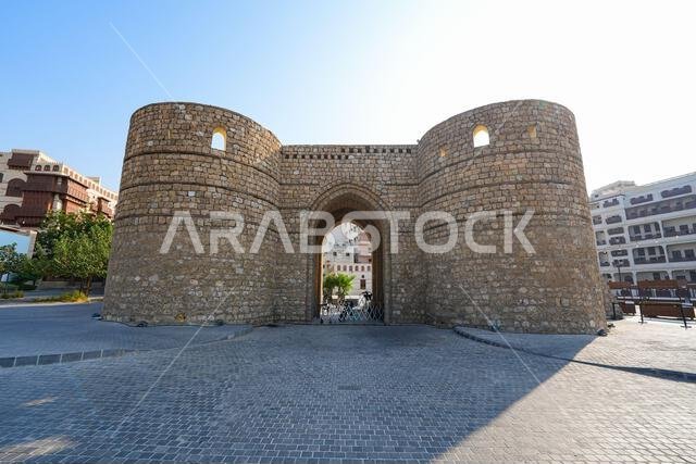 Ancient coral stone fortification and Bab Jidat Al-Qadimla gate in the heart of Al-Balad, the Old Town of Jeddah, Saudi Arabia