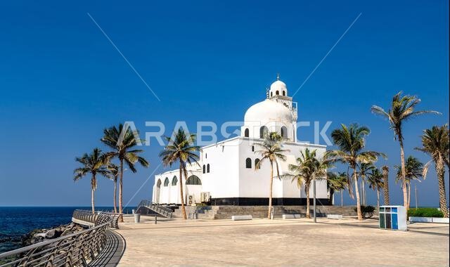 The white Island Mosque stands prominently along the Red Sea coast on the Jeddah Corniche in Saudi Arabia, framed by tropical palm trees under a clear blue sky.