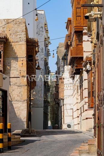 Traditional Hejazi building characterized by mashrabiya screens and wooden balconies in Al-Balad, the Old Town of Jeddah, Saudi Arabia