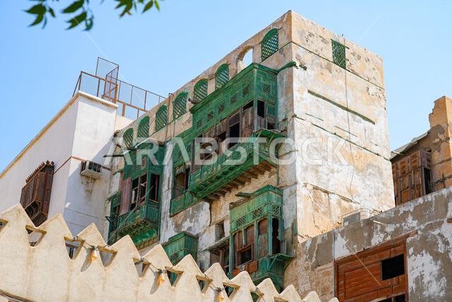 شرفات روشن الخشبية التقليدية في حي البلد التاريخي، البلدة القديمة بجدة، المملكة العربية السعودية شرفات روشن الخشبية التقليدية في حي البلد التاريخي، البلدة القديمة بجدة، المملكة العربية السعودية