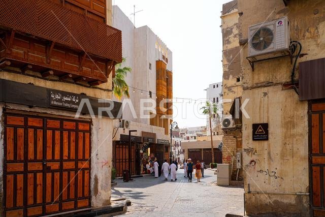 Traditional Hejazi building characterized by mashrabiya screens and wooden balconies in Al-Balad, the Old Town of Jeddah, Saudi Arabia