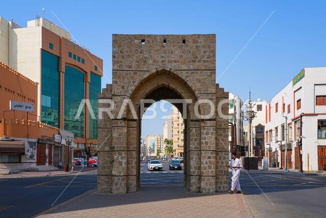 The historic Bab Sharif gate in the heart of Al-Balad, the Old Town of Jeddah, Saudi Arabia