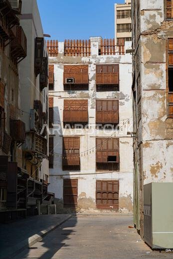 Traditional Hejazi building characterized by mashrabiya screens and wooden balconies in Al-Balad, the Old Town of Jeddah, Saudi Arabia