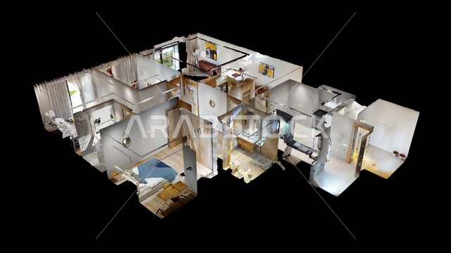 صورة لتصميم هندسي معماري لشقة سكنية ، الفن الهندسي المعماري ، تصميم هندسي مميز و جذاب ، ديكورات داخلية رائعة ، ديكور منزلي راقي ، تصاميم فخمة و جميلة ، شقق سكنية سياحية ، خلفية سوداء