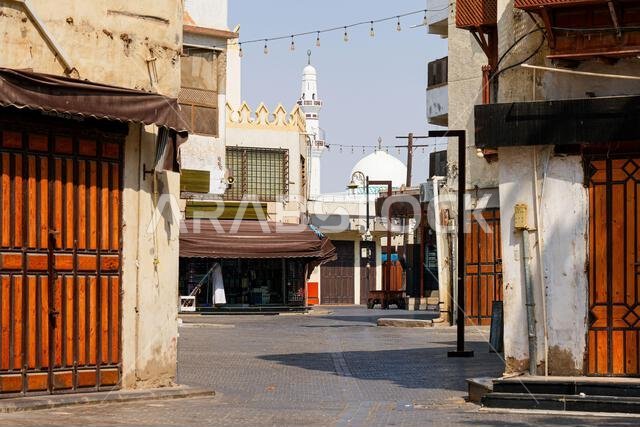 Traditional Hejazi building characterized by mashrabiya screens and wooden balconies in Al-Balad, the Old Town of Jeddah, Saudi Arabia