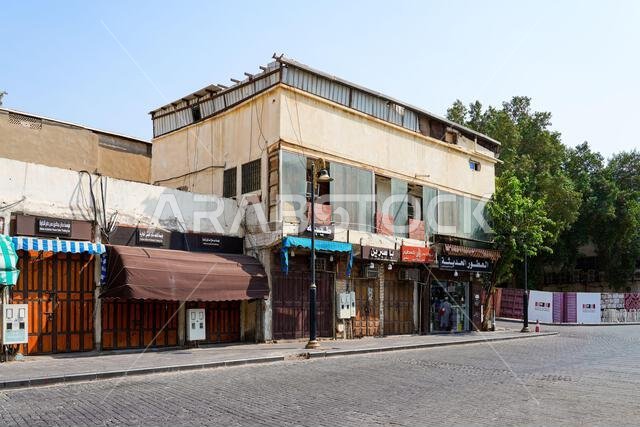 Traditional Hejazi building characterized by mashrabiya screens and wooden balconies in Al-Balad, the Old Town of Jeddah, Saudi Arabia