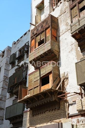 Traditional wooden Roshan balconies in the historic Al-Balad district, the Old Town of Jeddah, Saudi Arabia