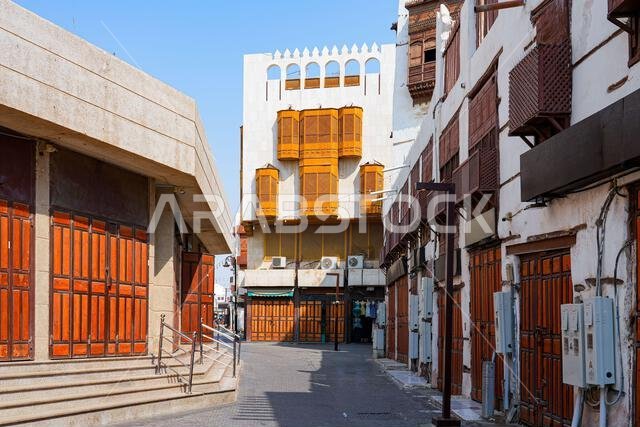 Traditional Hejazi building characterized by mashrabiya screens and wooden balconies in Al-Balad, the Old Town of Jeddah, Saudi Arabia