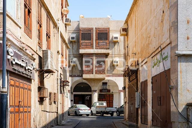 Traditional Hejazi building characterized by mashrabiya screens and wooden balconies in Al-Balad, the Old Town of Jeddah, Saudi Arabia