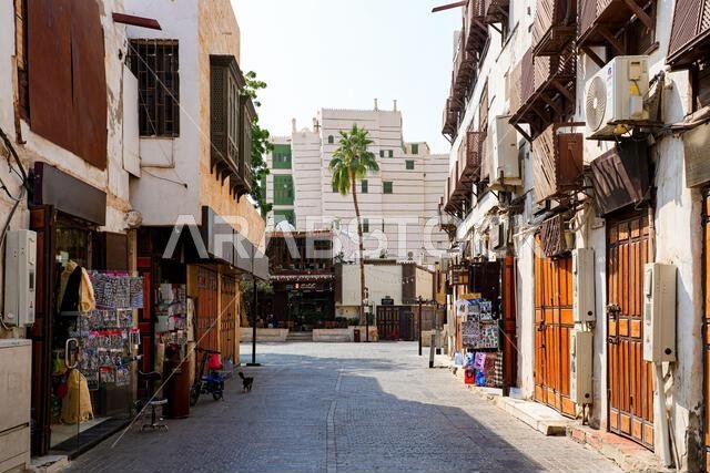 Traditional Hejazi building characterized by mashrabiya screens and wooden balconies in Al-Balad, the Old Town of Jeddah, Saudi Arabia