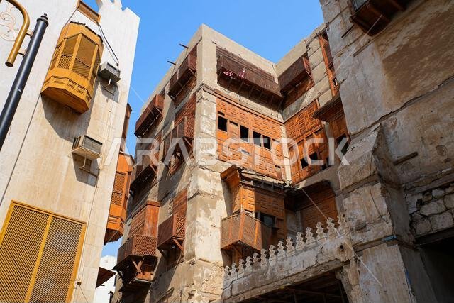 Traditional Hejazi architecture with wooden Rawashin balconies in Al Balad, the Old Town of Jeddah in Saudi Arabia Traditional Hejazi architecture with wooden Rawashin balconies in Al Balad, the Old Town of Jeddah in Saudi Arabia