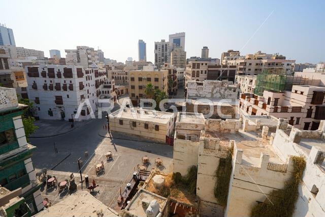 Aerial view of the historic Al Balad district and its traditional Rawashin in Jeddah, Saudi Arabia Aerial view of the historic Al Balad district and its traditional Rawashin in Jeddah, Saudi Arabia