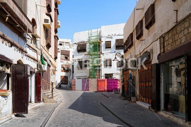 Traditional Hejazi building characterized by mashrabiya screens and wooden balconies in Al-Balad, the Old Town of Jeddah, Saudi Arabia
